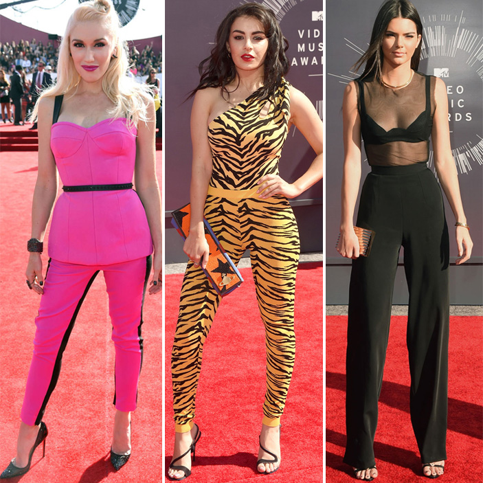 Gwen Stefani, Charli XCX e Kendall Jenner com maneira diferentes de vestir calças no tapete vermelho: conjuntinho, macaquinho e cropped, com tule transparente.